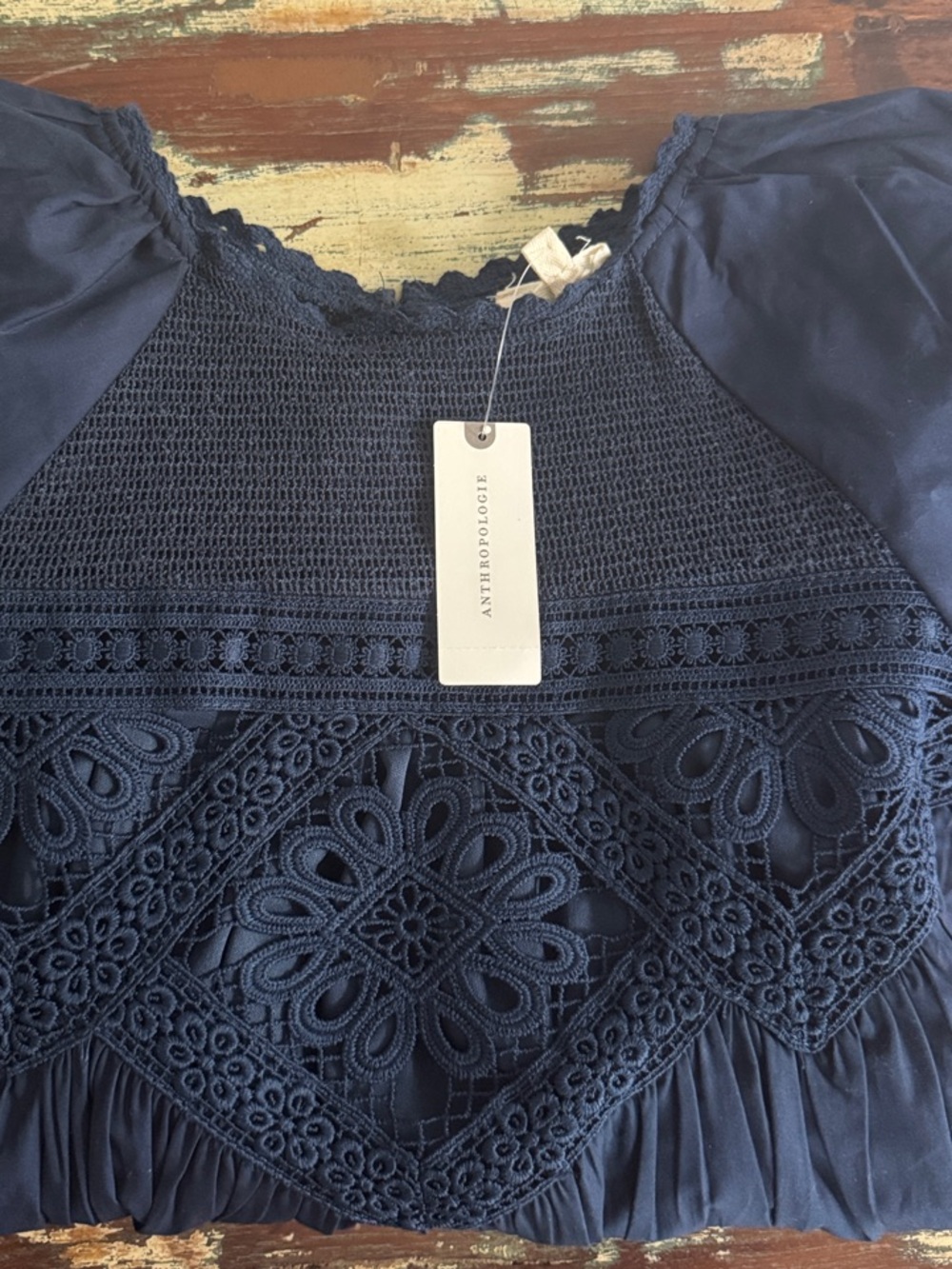 Anthropologie Navy Crochet & Lace Puff Sleeve Blouse